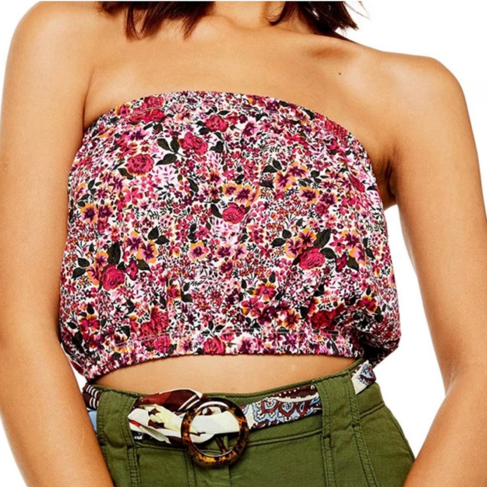 Topshop Cropped Pink Floral Baggy Tube Top